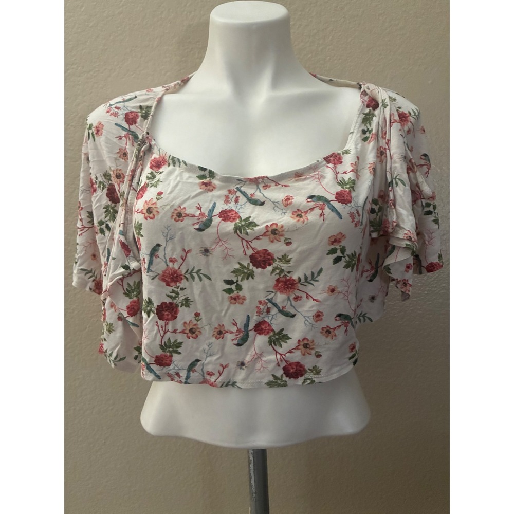 Floral Bird Print Cold Shoulder Crop Top Ruffle Flutter Sleeve Cream Red Teal